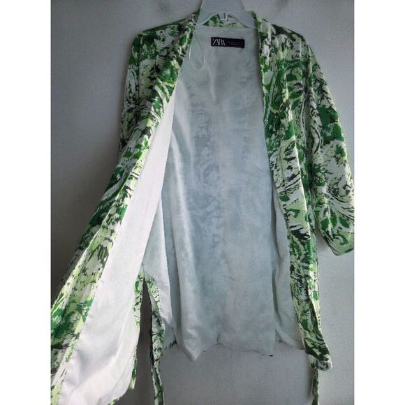 Zara Green White Black Print Linen Blend Bubble Sleeve Tie Front Kimono sz Large - Picture 7 of 8